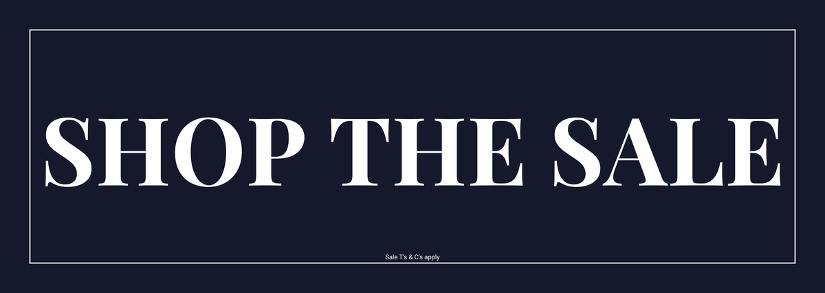 Navy banner with 'SHOP THE SALE' text in white on a black background