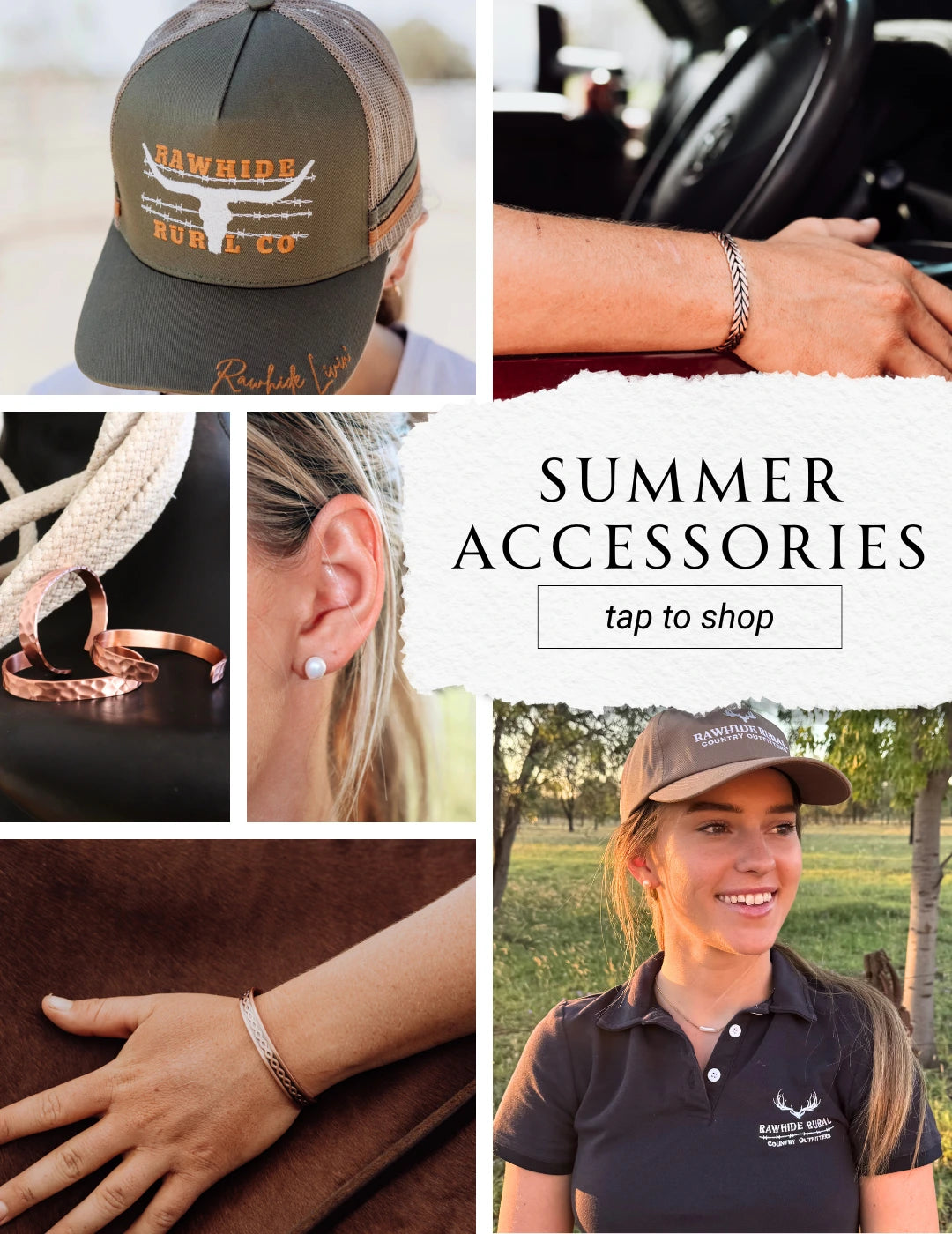 Collage of summer accessories including a cap, jewelry, and clothing with 'Summer Accessories' text.