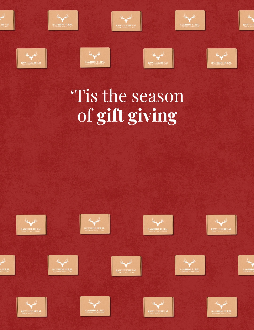 Red background with brown paper gift boxes and 'Tis the season of gift giving' text